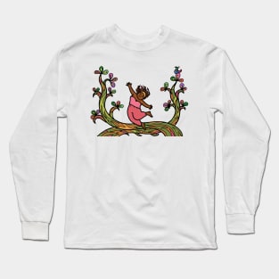 Happy cheerful black African woman with nature environment. Healthy freedom lifestyle. Long Sleeve T-Shirt